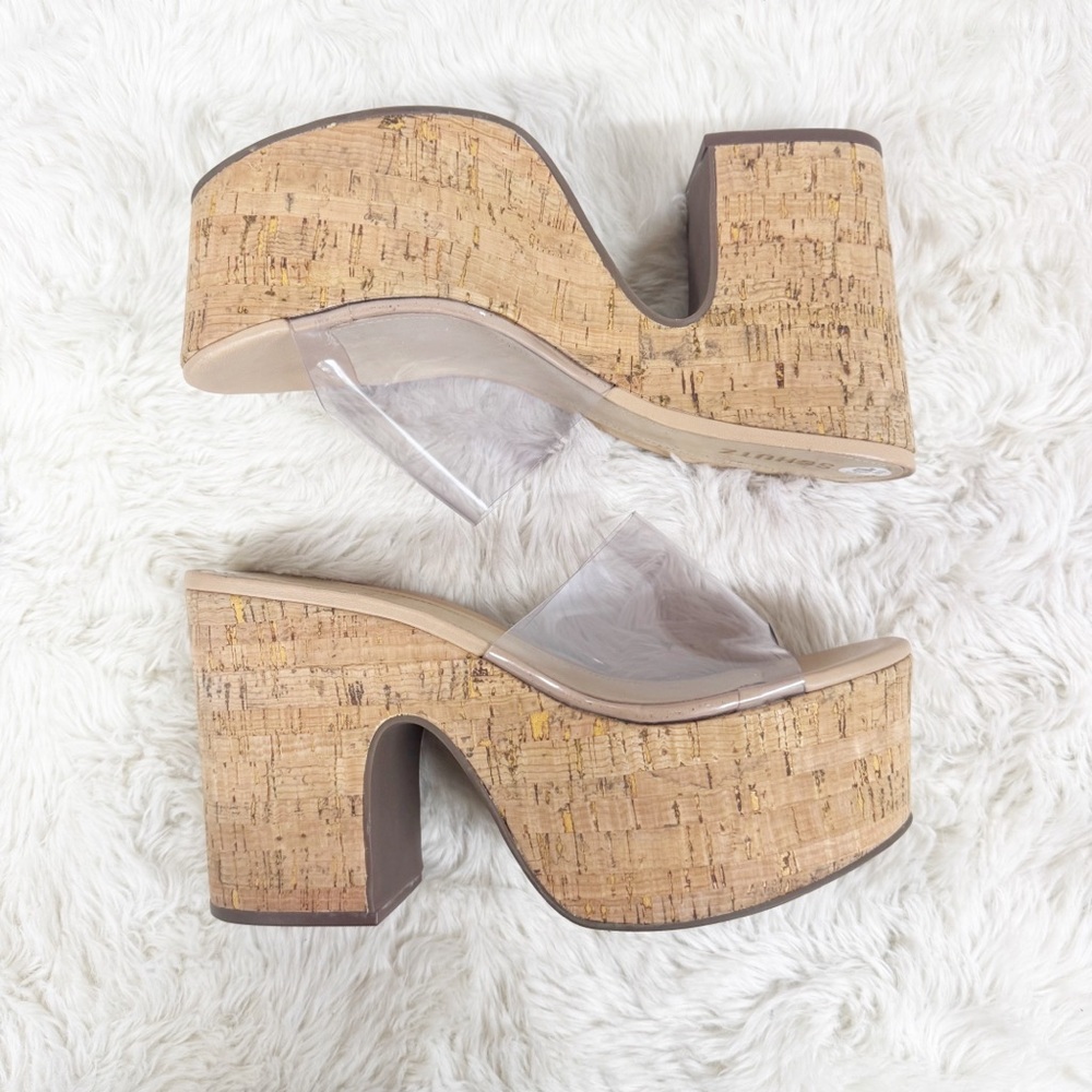 SCHUTZ Dalle Clear Cork Platform Sandal Size 10.5 Chunky Heel Peep Toe Y2K - Picture 6 of 11